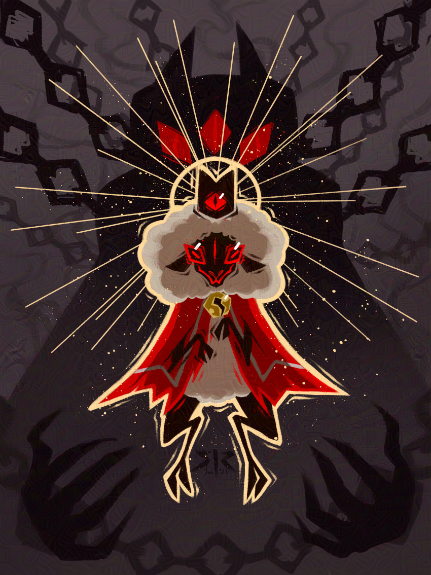 A sheep with red eyes, cloak, a black one-eyed crown, and a golden halo floats in front of a dark, chained figure with three red eyes.