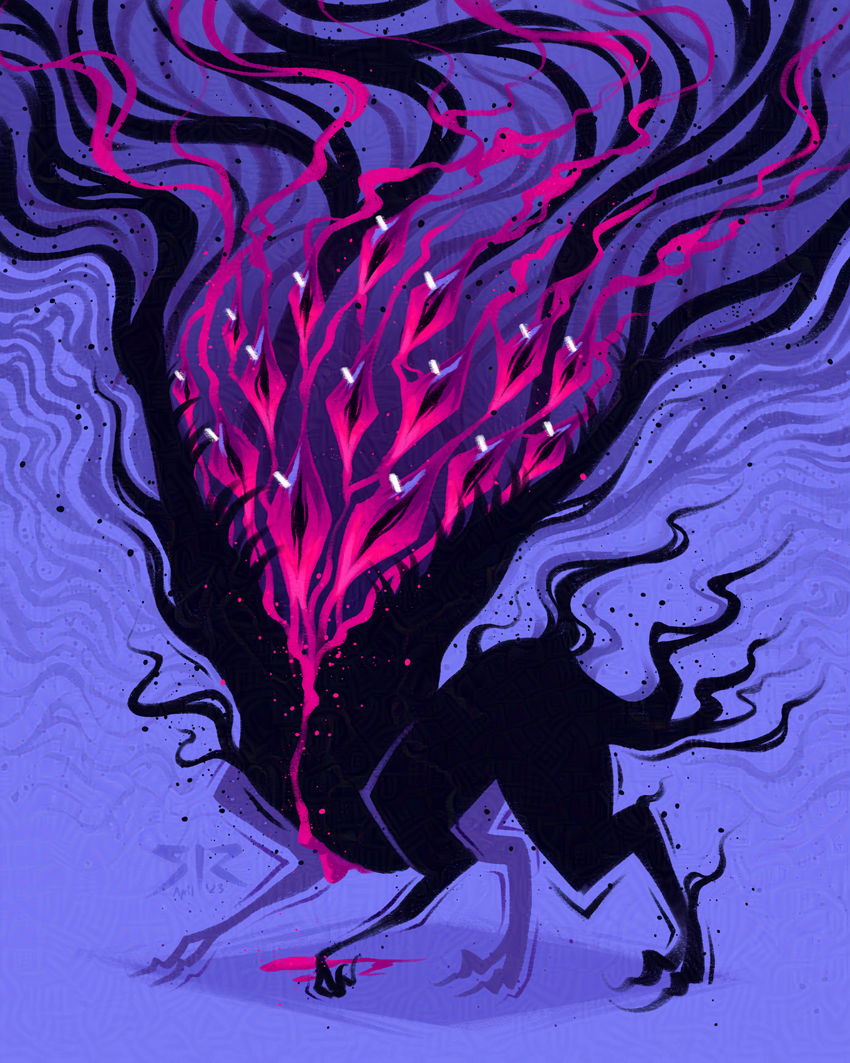 A black four legged beast of smoke with numerous pink eyes rising out of an open maw on a bright purple background.
