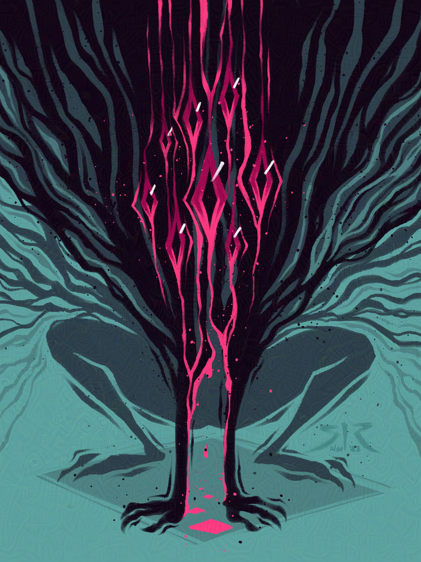 Black smoke beast squatting on all fours with numerous pink eyes on a teal background.