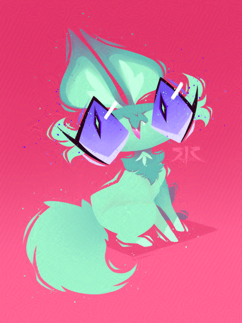 A fluffy green cat with purple eyes on a pink background.