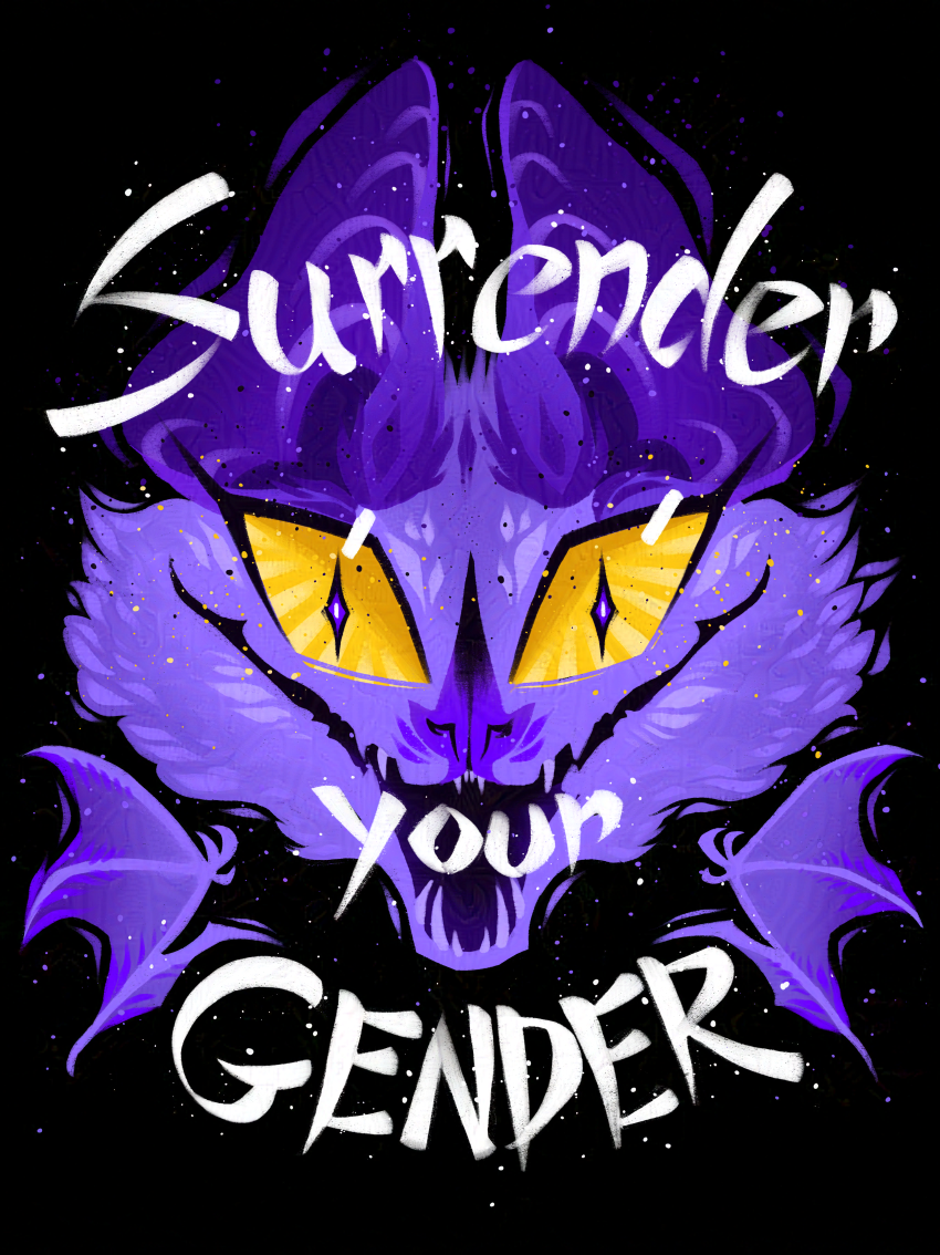 Purple bat face with yellow eyes. Features text: "Surrender Your Gender".