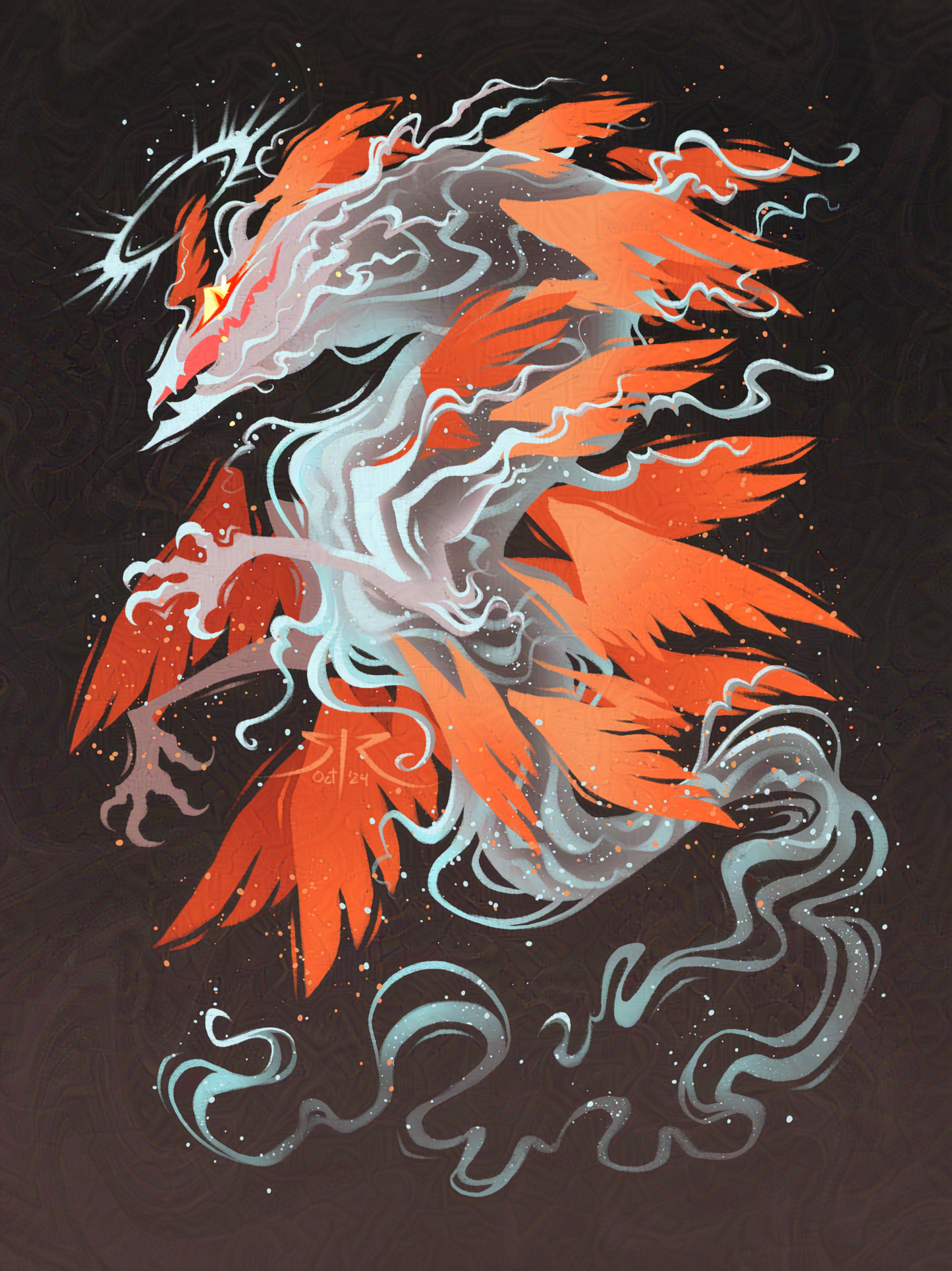 A pale, vaporous dragon with numerous orange wings and a silver halo on a dark brown background.