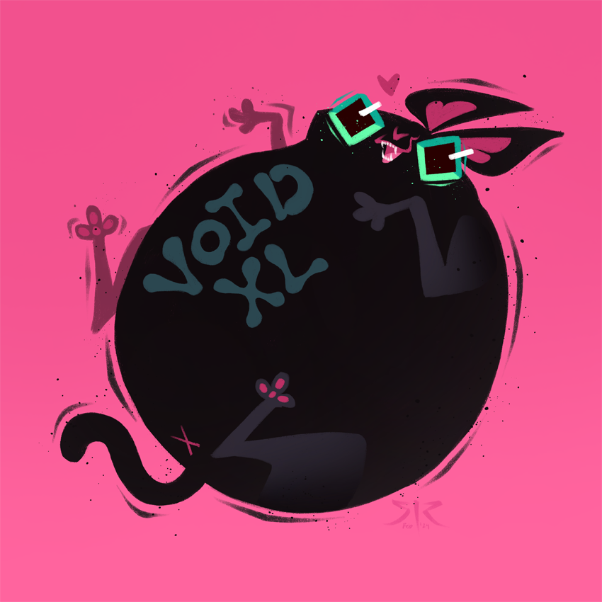 A super round black cat with green eyes on a pink background. Features Text "Void XL".