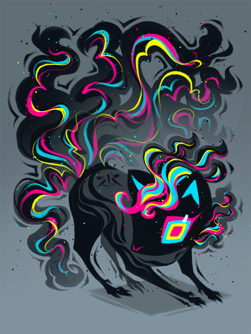 A black fox-like creature with six tails. ribbons of magenta, cyan, and yellow run through its fur. Gray background.