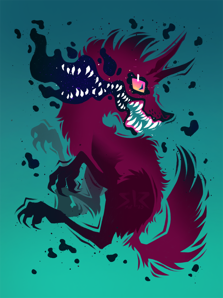 A dark fuchsia wolf with smoke and teeth expanding from its mouth floats on a green background.