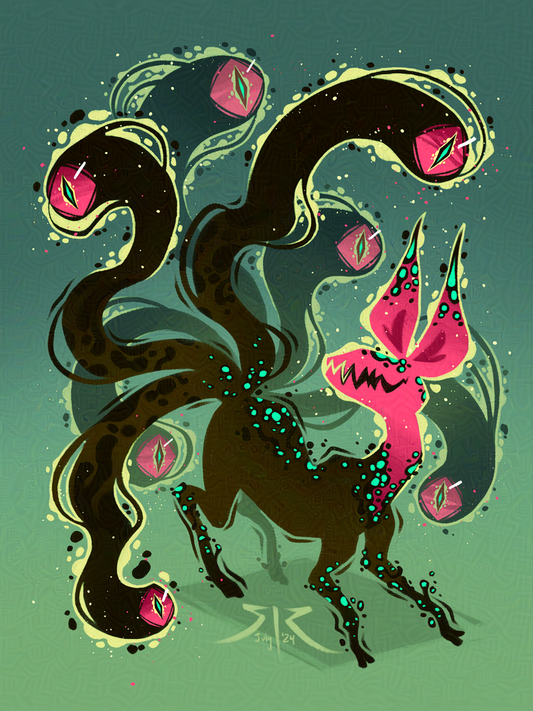 A brown four legged creature with a pink head and seven tails bearing pink eyes on the ends. Green background. 