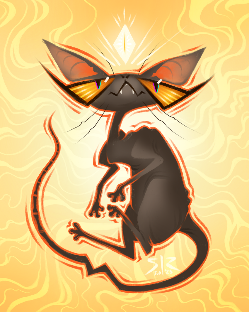 A dark grey sphinx cat hovers on a bright yellow background. A glowing eye of light hovers above its head. 
