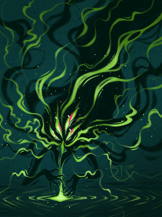 A smoky black and green spirit floats down over water with extended arms. Glowing liquid pours from its mouth. 