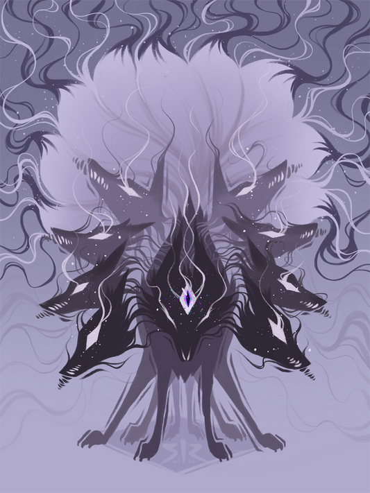 A purple fox demon with nine heads, nine tails, and eight legs on a pale purple background. 