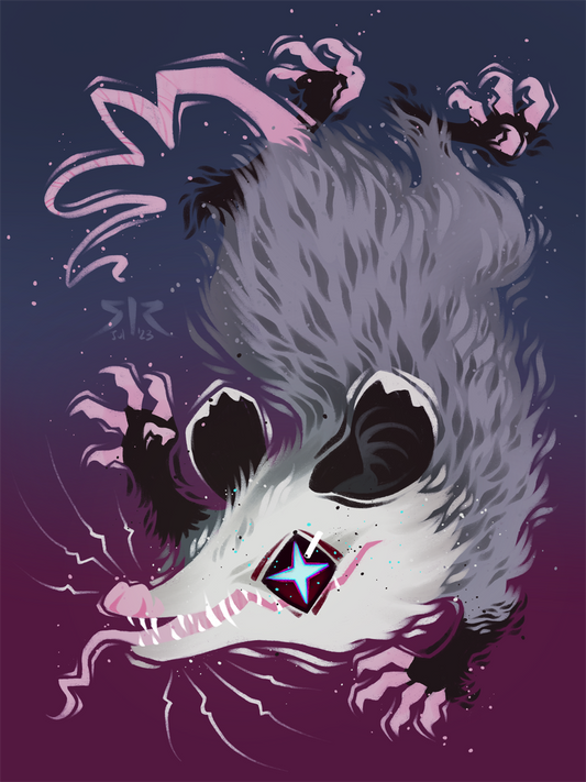 Opossum with a star in its eye on a blue and purple background. 