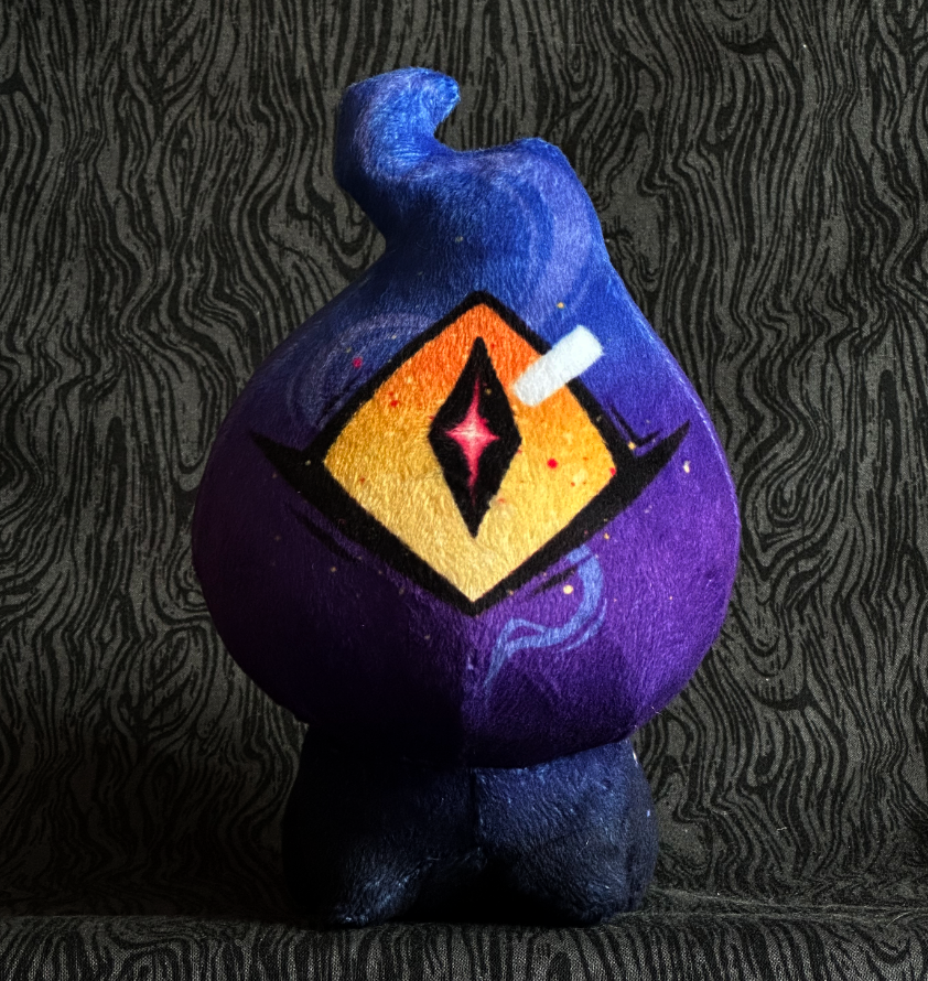 Front view, plush toy "Baby Bambi" Purple and blue flame, Yellow-Orange eye. Blue-black body.