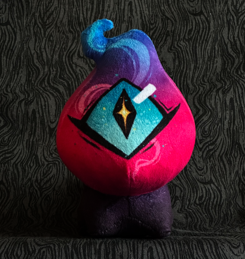 Front view, plush toy "Baby Bambi" Pink and blue flame, blue eye. purple-black body.