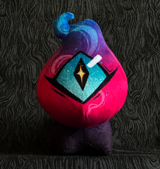 Front view, plush toy "Baby Bambi" Pink and blue flame, blue eye. purple-black body.