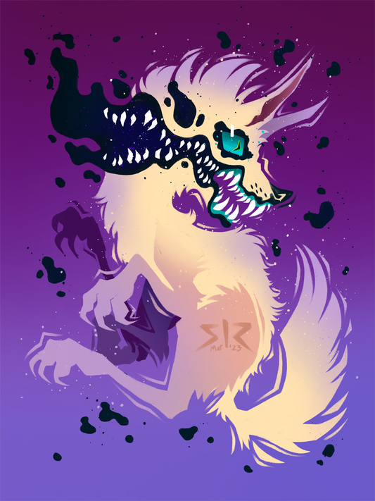 A white wolf with smoke and teeth expanding from its mouth floats on a purple background.