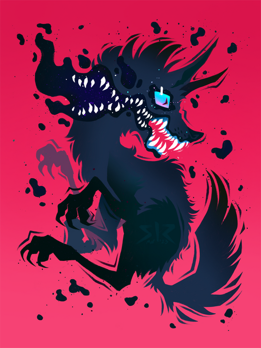 A black wolf with smoke and teeth expanding from its mouth floats on a red background.